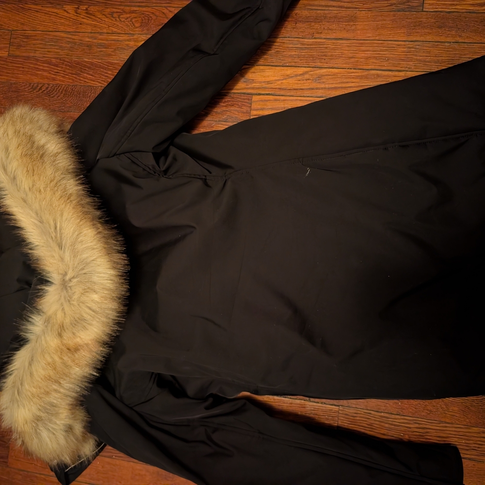 Women's Black Parka Coat with Faux Fur Trim Hood - Picture 3 of 7